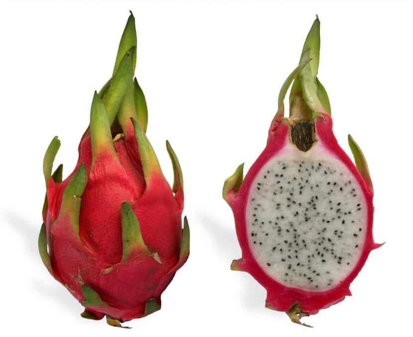 Frutos de pitahaya de piel rosada con brácteas verdes