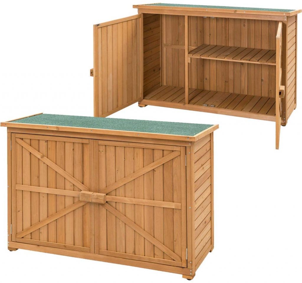 Armario de jardin de madera con doble puerta, techo inclinado y estante interior