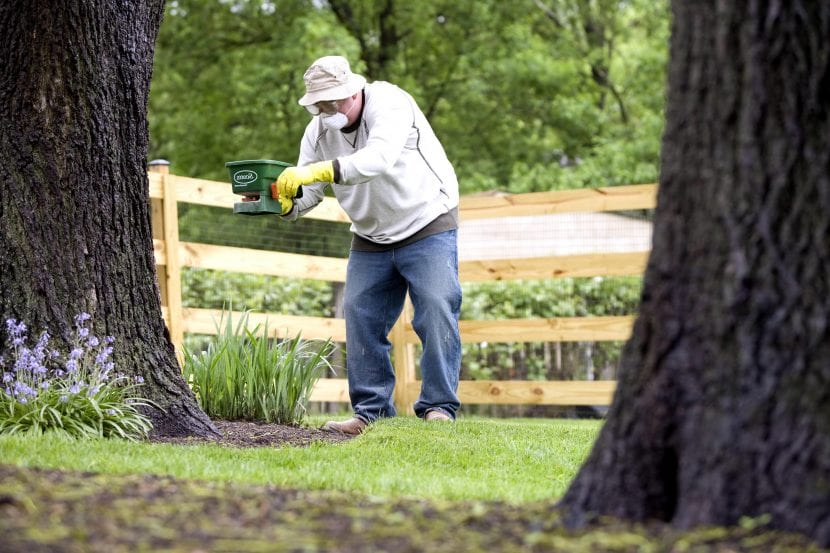 Jardinero aplicando un tratamiento fitosanitario con equipo de protección