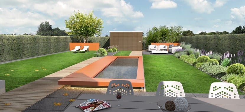 Modelo tridimensional de un jardín con volúmenes de vegetación y pavimentos