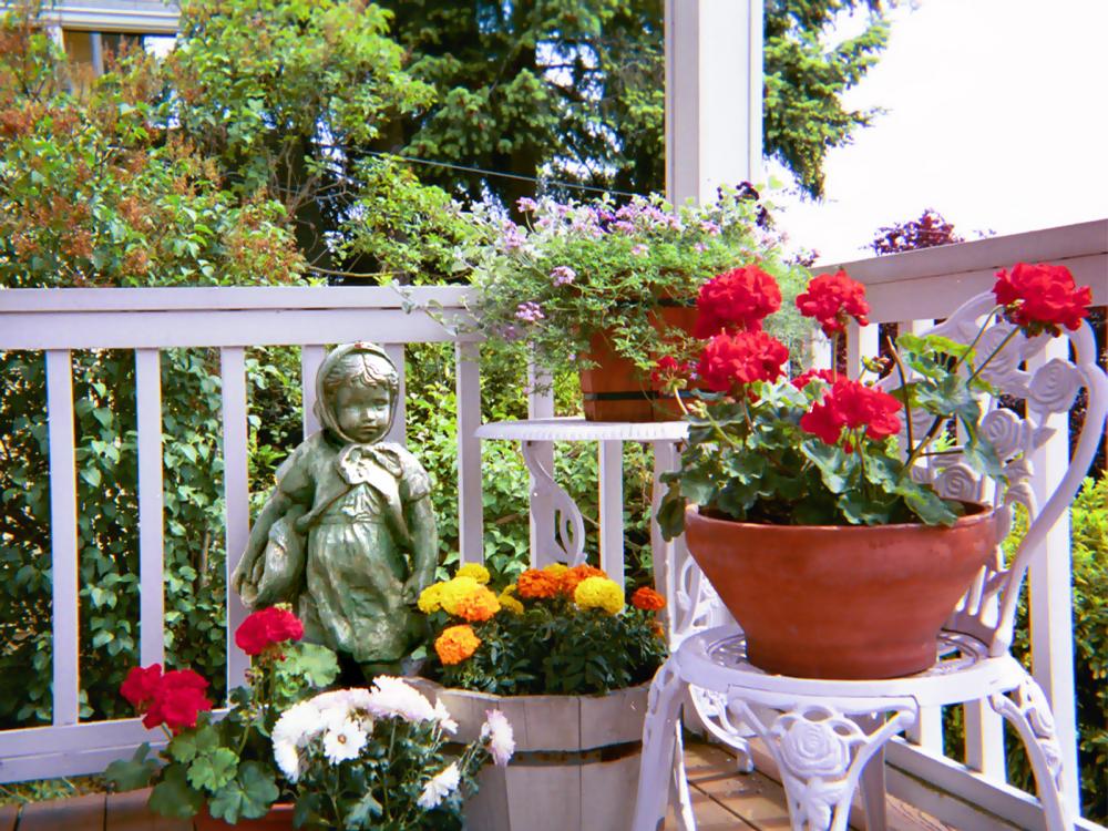 Balcón con jardineras y plantas en flor